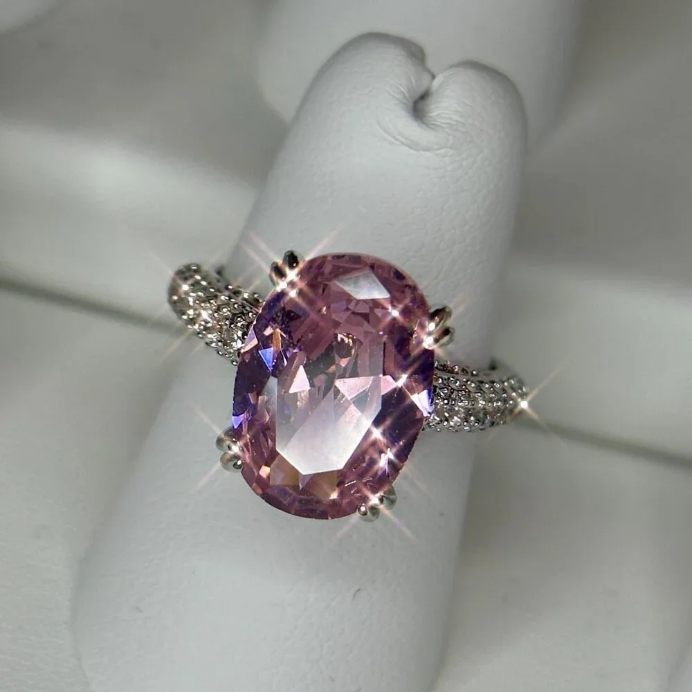 Pink Solitaire Gemstone Ring w/ Clear Accents Silver Plated Engagement size 7 - Picture 2 of 11